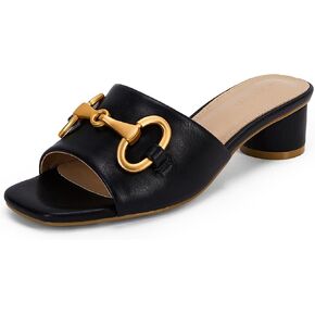 Coutgo Women's Slide Sandals Square Open Toe Slip on Comfortable Mules Block Low Heel Metal Chain Dressy Shoes