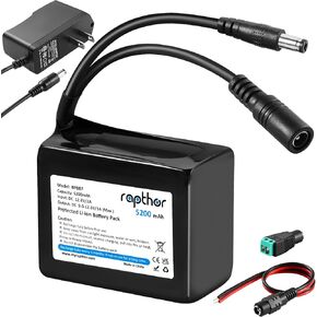 rapthor Rechargeable 12V 5200mAh Lithium ion Battery Pack with Charger Compatible with 12V Devices, Bike Light, DIY Project, Radio, Fishing Light,LED Light Strip, CCTV Camera