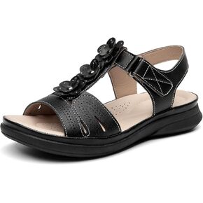 ALLOT Women's Arch Support Flat Sandals Low Wedge Heel Comfortable Dressy Summer Slides With Flowers