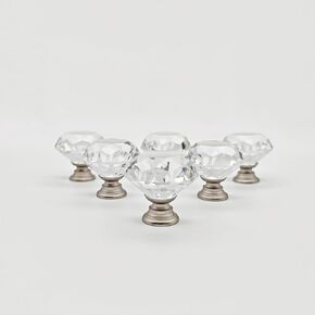 6 Pack 1.2" Diamond Glass Cabinet Knobs Satin Nickel Base, Modern Bathroom Clear Crystal Silver Handles for Dresser Drawers Decorative of Kitchen Furniture Hardware Pulls (6 Brushed Nickel)