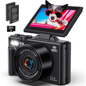 5K Digital Camera for Photography - WiFi 75MP Vlogging Cameras for YouTube - UHD Autofocus Video Camera 3" 180° Flip Screen with 18X Zoom - Compact Vlog Travel Camara with 32GB SD Card, 2 Batteries