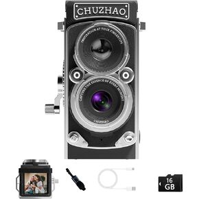 CHUZHAO Vintage Mini Digital Camera, Portable TLR Style Retro Point and Shoot Compact Small Pocket 1080P FHD Video 12MP Autofocus Vlogging Camera with 16 GB Card for Beginners Teens Adults Kids Black