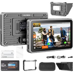 Viltrox DC-X3 4K SDI Monitor with Cage, DC-X FHD 2000Nits 6" Touchscreen Camera Field Monitor with Rig Cage, Sunshade Hood, Battery, Storage Bag (DC-X3 Righ Cage, 4K30Hz HDMI/SDI, 350g)