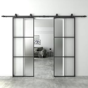 BARNSMITH 60 x 84 in Double Glass Barn Door with 10 FT Sliding Door Hardware, Aluminium Frame Frosted Glass Doulbe Barn Door