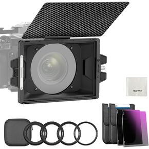 NEEWER Mini Matte Box Kit with 2x Square 4"x5.65" ND Filter (ND0.9/1.8, 3/6 Stops), 1x Filter Tray, 4x Lens Adapter (67/72/77/82mm-95mm), Carbon Fiber Top Flag, Multicoated HD Optical Glass
