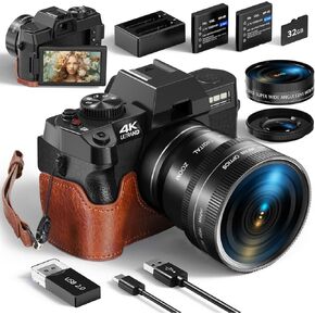 Digital Camera for Photography and Video,4K 48MP Vlogging Camera for YouTube with 180° Flip Screen,16X Digital Zoom,52mm Wide Angle,Leather Hold & Strap, 2 Batteries, 32GB TF Card