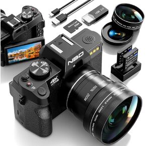 48MP Digital Cameras for Photography with WiFi & App Control,4K Autofocus Vlogging Camera for YouTube with 16X Zoom, Anti-Shake, 32GB TF Card, Dual Batteries, 52mm Wide Angle & Macro Lens (Black)