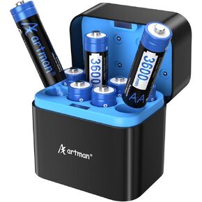 Artman Rechargeable Lithium AA Batteries with Charger, 8 Pack 3600mWh AA Lithium Batteries for Blink Outdoor Camera, 1.5V Constant Output Double A Battery Rechargeable, 2000 Cycle Charging Time (Blue)
