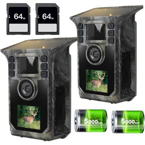 Trail Camera 4K 64MP Solar Game Camera with 5000mAh Forever Power, 64GB Memory Card and Ip67 Waterproof Angle Night Vision for Wildlife Deer Outdoor Trail Cam, Monitoring Trail Cameras