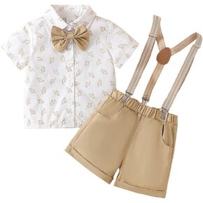 Baby Boys Formal Suit Set Short Sleeve with Bowtie Suspender Shorts Pants Outfits Clothes 0-24Months