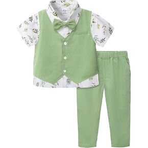 A&J DESIGN 4pcs Baby & Toddler Boy Suit Print Shirt Set for 12 Months - 5T, Shirt & Pants & Vest & Bow Tie