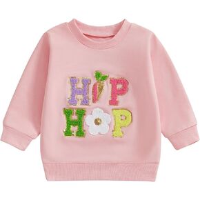 Ynibbim Toddler Baby Girl Sweatshirt Easter Outfit Bunny Embroidery Crew Neck Long Sleeve Pullover Top Casual Spring Clothes