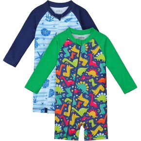 2 Pack Baby Toddler Boys Swimsuits UPF 50+ Sun Protection Long-Sleeve Rash Guards Baby Dry Fit Bathing Suit with Zip