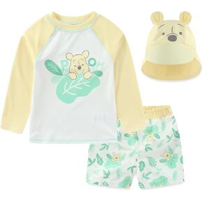 Disney Winnie The Pooh Baby Boys UPF 50+ Rash Guard, Swim Trunks and Sun Hat with Ears 3 Piece Bathing Suit Set for Infants