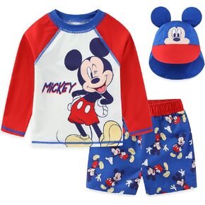 Disney Mickey Mouse Baby Boys UPF 50+ Rash Guard, Swim Trunks and Sun Hat with Ears 3 Piece Bathing Suit Set for Infants