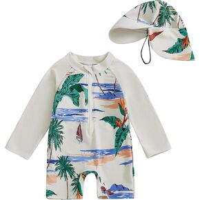 Toddler Baby Boy Girls One Piece Swimsuit Long Sleeve Zipper Bathing Suit with Hat Infant Rash Guard Swimwear