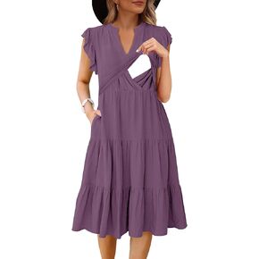 Womens Nursing Midi Dress Breastfeeding Summer Ruffle Sleeveless V Neck Tiered Beach Sundress with Pockets