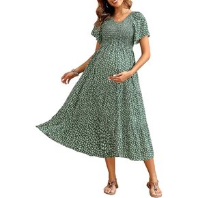Maternity Dress for Baby Shower - 2025 Photoshoot Pregnancy Summer Midi Casual Flutter Sleeve Dress