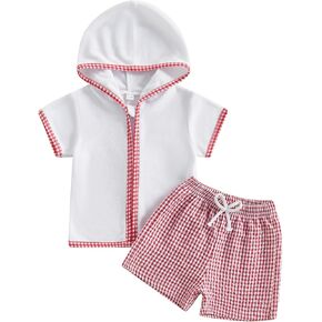 Toddler Baby Boy Girl Swimsuit Cover Up Towel Hooded Zip Swim Tops Striped/Plaid Seersucker Shorts Set Beach Coverup