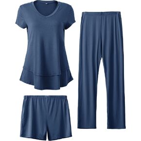 SUNNYBUY 3 PCS Maternity Breastfeeding Pajamas Set, Hidden Nursing Tops, Adjustable Pregnancy Shorts & Pants Postpartum PJS