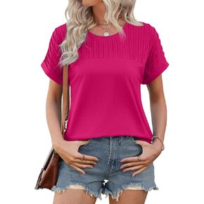 XIEERDUO Womens T Shirts Casual Summer Tops Pleated Crewneck Short Sleeve Blouses Trendy Beach Vacation Clothes