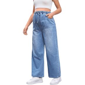 MakeMeChic Women's Maternity Denim Pants Elastic Waist Drawstring Wide Leg Baggy Pregnancy Jeans with Pockets