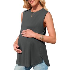Women's Maternity Tank Top Summer Sleeveless Crewneck Pregnancy Shirts Side Split Maternity Clothes