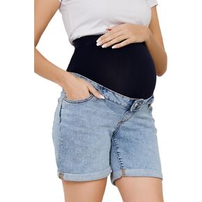 OVRUNS Women Maternity Jean Shorts Over The Belly Stretchy Comfy Rolled Cuff Pregnancy Denim Shorts with Pockets