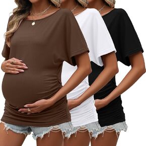 Ficerd 3 Pack Women's Maternity Shirts, Boat Neck Short Sleeve Pregnancy T Shirts Side Ruched Tunic Casual Summer Tee Tops