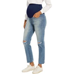 Peauty Maternity Jeans Frayed Hem Straight Leg Jeans Comfortable Stretch Over The Belly Support Pregnancy-Pants