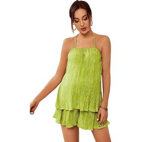 OYOANGLE Women's Maternity 2 Piece Pajamas Outfits Textured Cami Halter Top and Shorts Lounge Set