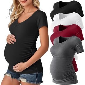 Ficerd 4 Pack Womens Maternity T-Shirts, V Neck Cotton Pregnancy Clothes Casual Short Sleeve Side Ruched Pregnant Shirts