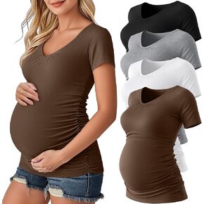 Ficerd 4 Pack Womens Maternity T-Shirts, V Neck Cotton Pregnancy Clothes Casual Short Sleeve Side Ruched Pregnant Shirts in Kuwait