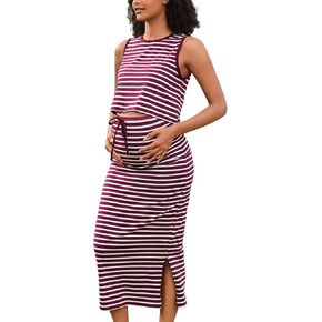 GINKANA Womens Maternity 2 Piece Outfits Striped Sleeveless Tank Top and High Waist Split Side Midi Skirt Set
