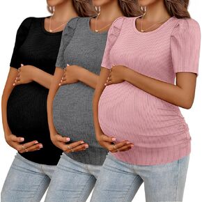 Ficerd 3 حزمة قمصان الأمومة النسائية نفخة مضلعة قمم قصيرة الحمل قمم الحمل جولة على جانب العنق