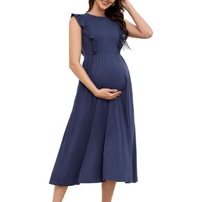 OUGES Womens 2025 Spring Hidden Zipper Nurisng Dress for Breastfeeding Casual Sleeveless Ruffled Midi Maternity Dress in Kuwait