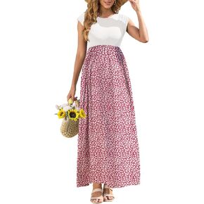 Casual Maternity Printed Dress with Pockets Cap Sleeve Ribbed Round Neck A Line Pregnancy Maxi Dresses Baby Shower