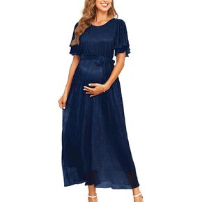 2025 Maternity Sparkly Mesh Maxi Flowy Dress with Belt Ruffle Sleeves Pregnant Long Dress Baby Shower Photoshoot Formal