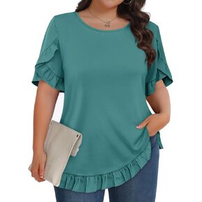 Yousify Womens Plus Tops Summer Petal Betal Sleeve Flowy Dorts Discal