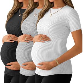 Ficerd 3 حزمة قمصان الأمومة النسائية قمصان الحمل القطن المضلعة قمم قصيرة بأكمام قصيرة من الأكمام