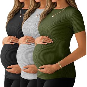 Ficerd 3 Pack Women's Maternity Shirts Ribbed Cotton Pregnancy Tops Short Sleeves Crew Neck Summer Mama Clothes in Kuwait