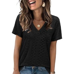 Sampeel Womens Summer Tops Trendy 2025 Eyelet Crossped v Neck T Shirts فضفاضة غير رسمية قصيرة الأكمام القمصان in Kuwait
