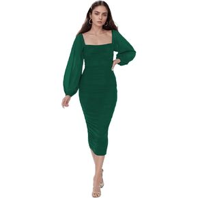 Mllesreve Women Long Popy Sleeve Midi Wedding Guest Dress