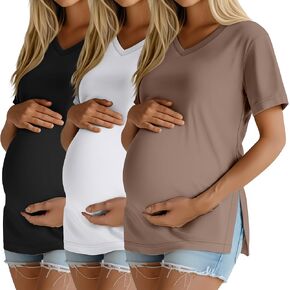 Ficerd 3 Pack Women's Maternity Shirts | Short Sleeve,Pregnancy T-Shirts, V Neck, Split Side Tops, Casual, Soft, Maternity Clothes in Kuwait