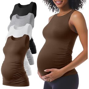 Ficerd 4 Pack Tops Women's Paternity Tuck ، Side Ruched Slicfeless Dressancy Stirts Summer Comfy Round Dearn Tee Tee Tee