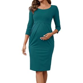Women's Work Maternity Dresses Cocktail Semi Formal 3/4 Sleeves Front Pleated Office Pregnancy Dress