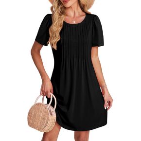 SAMPEEL Womens Pleated Front Summer Dresses Casual Short Sleeve T Shirts Dress with Pockets Vacation Beach Cover Up