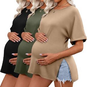 Ficerd 3 Pack Women's Maternity Shirts Half Sleeve Loose Pregnancy Tops Crew Neck Side Split Cotton Pregnant Tee