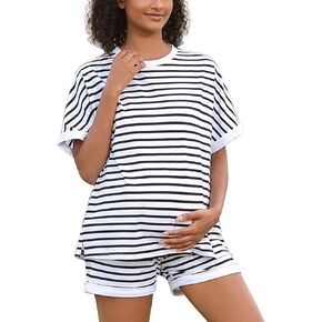 Maternity Lounge Set 2 Piece Maternity Outfit Striped Short Sleeve Shirts and Shorts Pregnancy Summer Clothes White and Black Stripes S