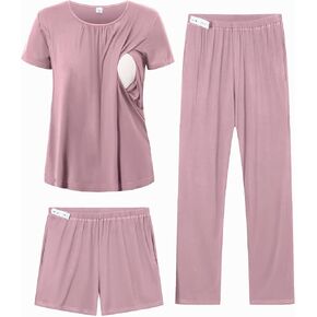DIKFA 3 Pcs Women Maternity Nursing Pajamas Set Short Sleeve Breastfeeding Shirts Pjs Pregnancy Shorts & Pants Sleepwear